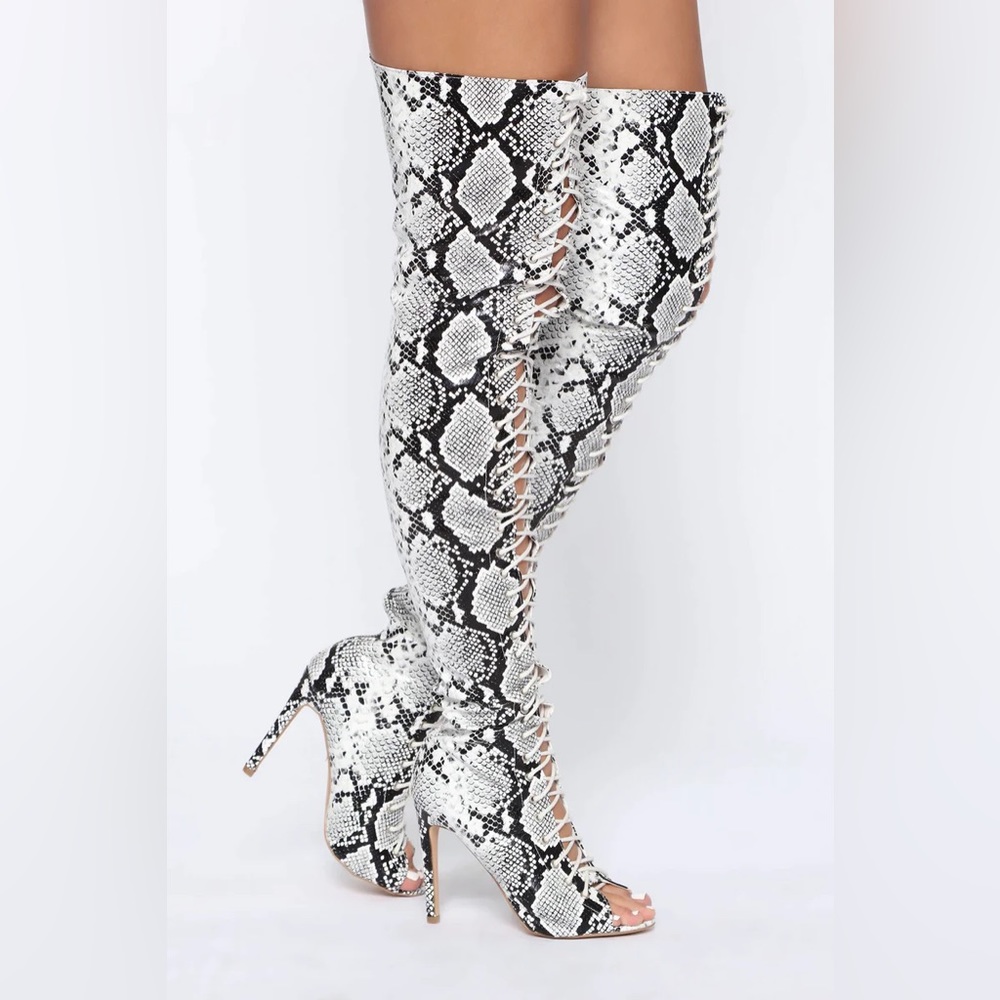REPOST - Size 8 FashionNova Snakeskin Lace-Up Thigh High Stiletto Boots